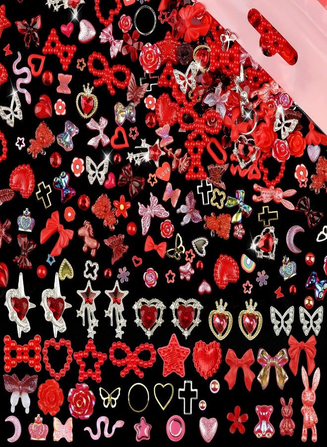 editTime 650pcs Mixed 3D Nail Charms Kit, 12pcs Luxury Metal Nail Rhinestones and 250pcs Resin Butterfly Flower Star Heart Bow Charms with 400pcs Flatback Pearls Rhinestone Metal Gems Charms (Red) - Image 2